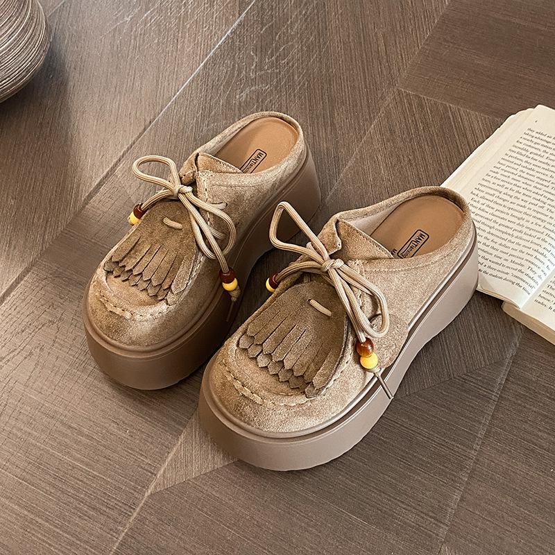 Mattes Leder Dicksohlige Fransen-Loafer für Damen 2025 Herbst neue Modelle, kleine Erhöhung, runde Spitze zum Schnüren, Taschenkopf Halbschlappen