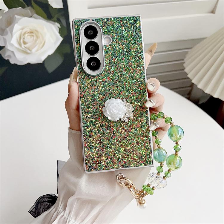 Applicable To Samsung ZFold7 Folding Glitter Mobile Phone Case, Rhinestone Rose ZFold6 Hand Hanging Chain, Japanese and Korean Protective Case