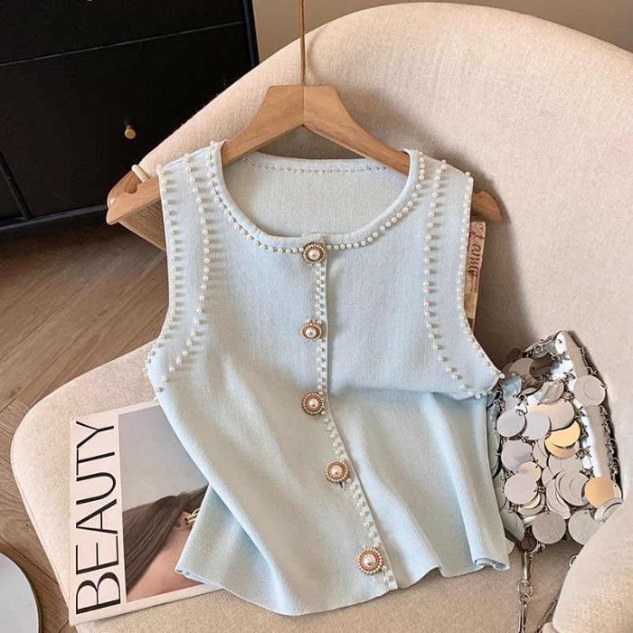 Sleeveless Beaded Knit Vest - Women's Stylish Summer Slim-Fit Top
