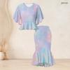 Women Plus Size Pastel Printed Two Piece Set Round Neck Batwing Sleeve Ruffle Hem Top Fishtail Skirt