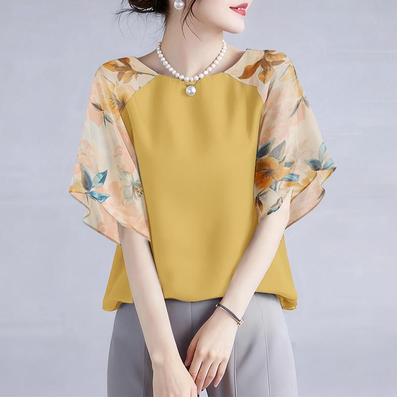ZANZEA Women Casual Round Neck Loose Print Splice Half Sleeve Blouse