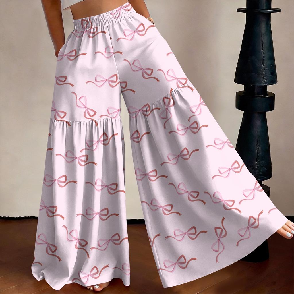 Damen High Waist Weite Beine Hose Lockerer Schnitt Leicht Fließend Bedruckte Lässige Hose Elastischer Bund Palazzo Hose