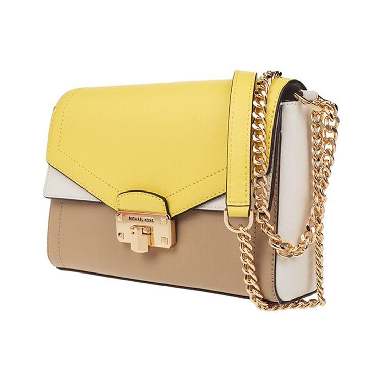 Michael Kors Kinsley Flap Commuter Chain Leather Shoulder Crossbody Bag Women Bags Khaki 35S0GYKF2T-BISQUE-MULTI