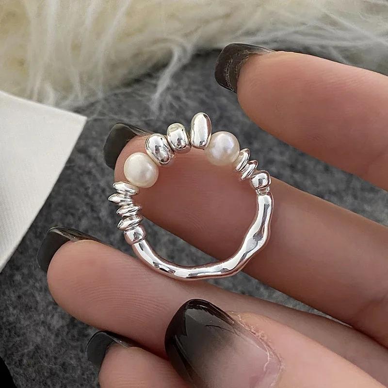 Real Sterling Silver Freshwater Pearls Round Rings for Women Trendy Adjustable Fine Minimalist Accessories