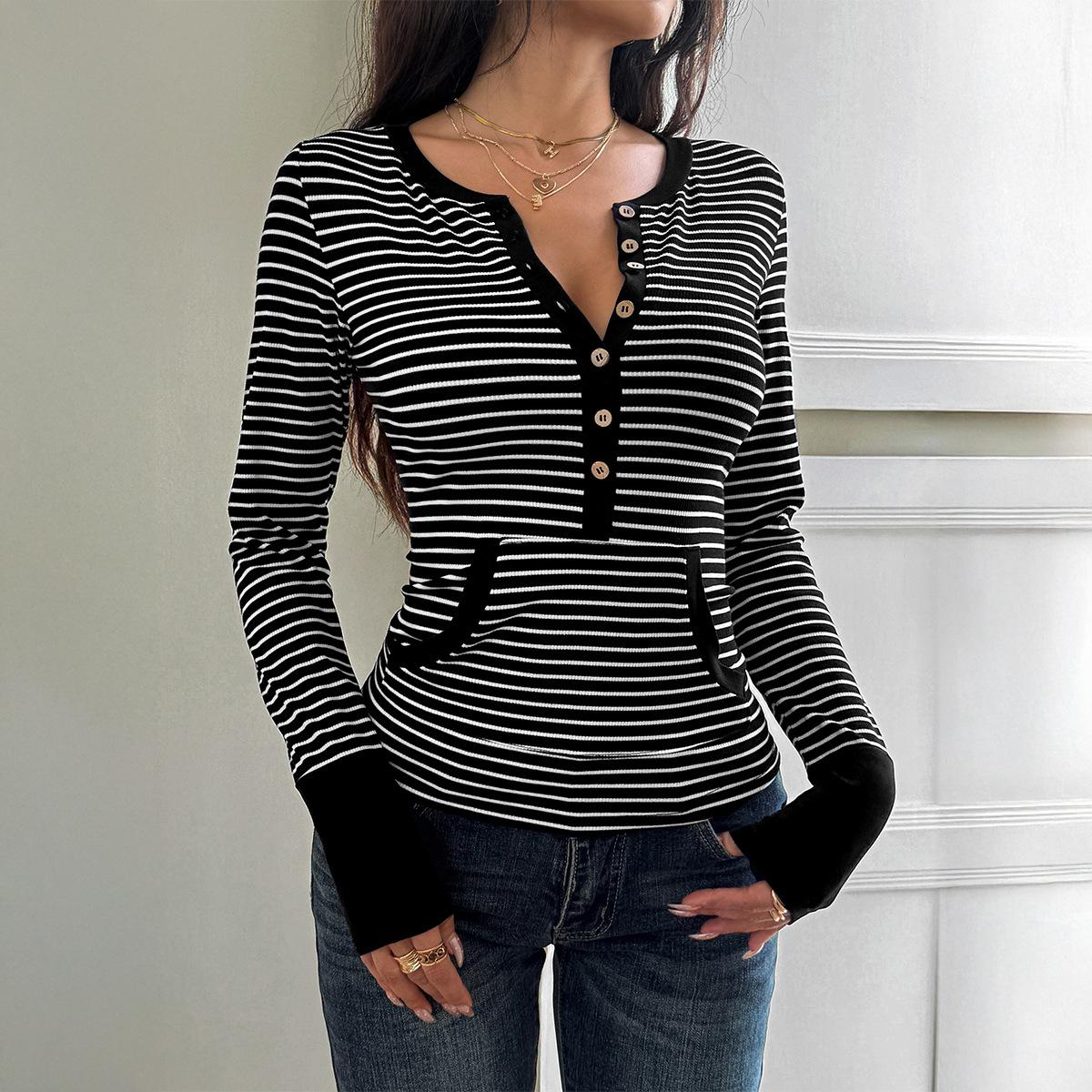 

European and American casual vacation striped button long-sleeved T-shirt women s autumn XL чорний