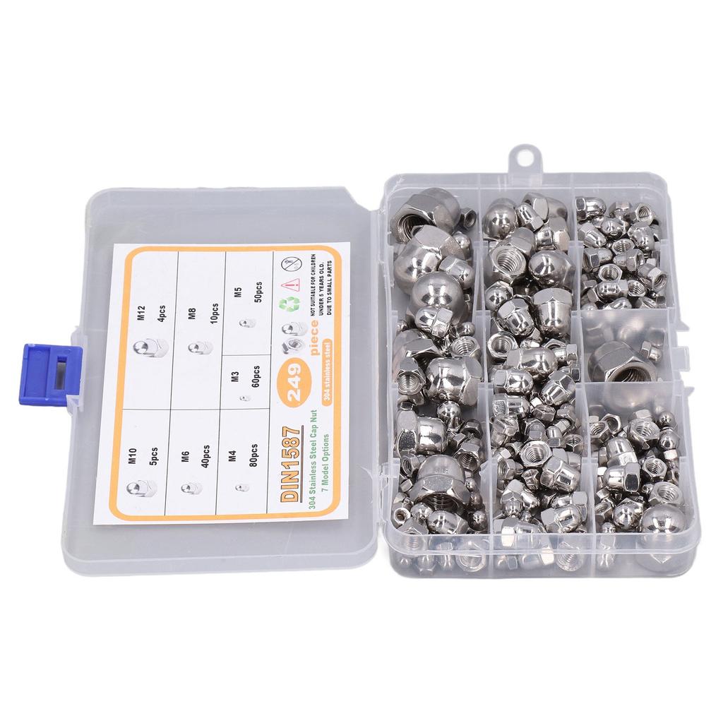 249Pcs Acorn Hex Cap Nuts Assortment Kit M3?M12 DIN1587 304 Stainless Steel Bright Finish