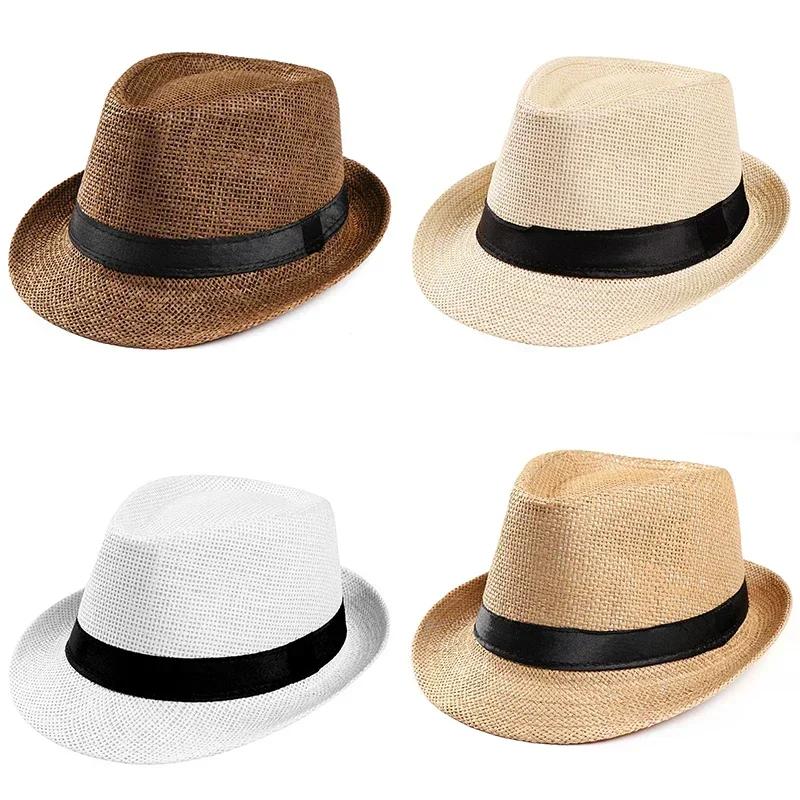 Fashion Men Straw Hat for Women Summer Trendy Beach Sun Hats Solid Color Fedoras Ribbon Casual Cowboy Jazz Cap Gangster Cap Male