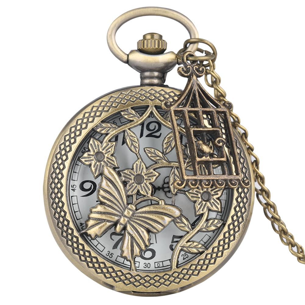 

Two Little Birds Retro Style Quartz Pocket Watch Chain Steampunk Necklace Pendant Fob Watch Animal Clock with Birdcage Accessory