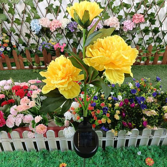 Outdoor Garden Lamp 3 Heads Design Realistic Looking Waterproof Automatic Charging Solar Powered Peony Flower Lamp Landscape Lighting