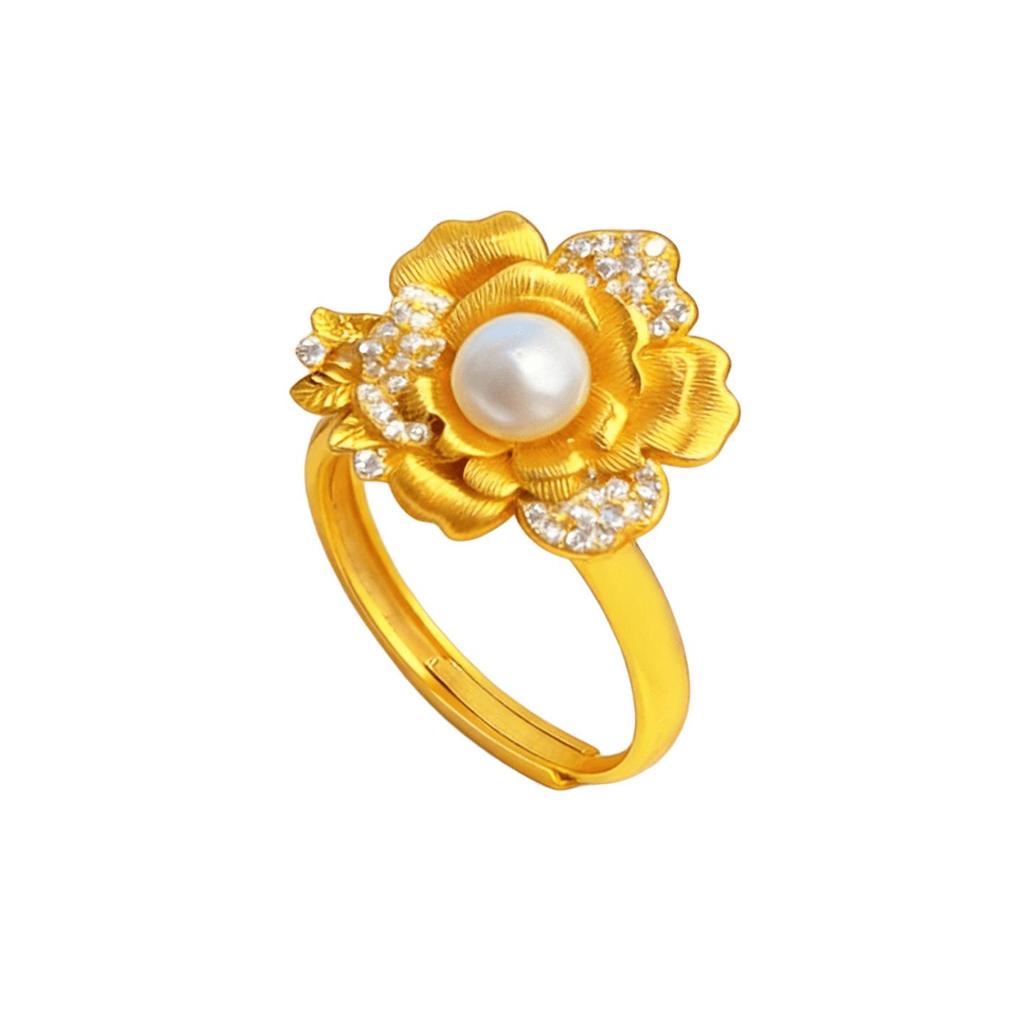 Rose Flower Ring: Gold-tone, Faux Pearl, Diamond Accent, Adjustable Index Finger Jewellery