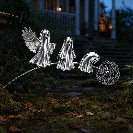 Halloween Lawn Decorations for Outside Ghost Garden Stake, Rustic Yard Art Decor with Dandelion Accent, Stakes Metal Sculpture Patio Flower