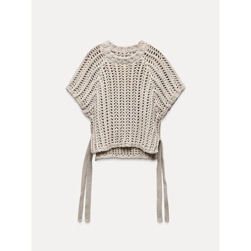 Za2024 Autumn New Women's Clothing Fashion Side Belt Decoration Thick Needle round Neck Casual Short Sleeve Tops 2142116