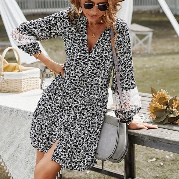 Women Floral Print Mini Dress Casual Loose Waist V-Neck Hollow Out Full Sleeve Above Knee Single Breasted Spring Summer S-XL