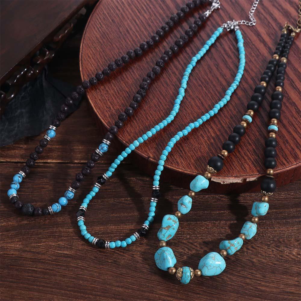 Ethnic Style Turquoise Necklace Men Texture Western Country Necklace Classic Beaded Necklace  Men
