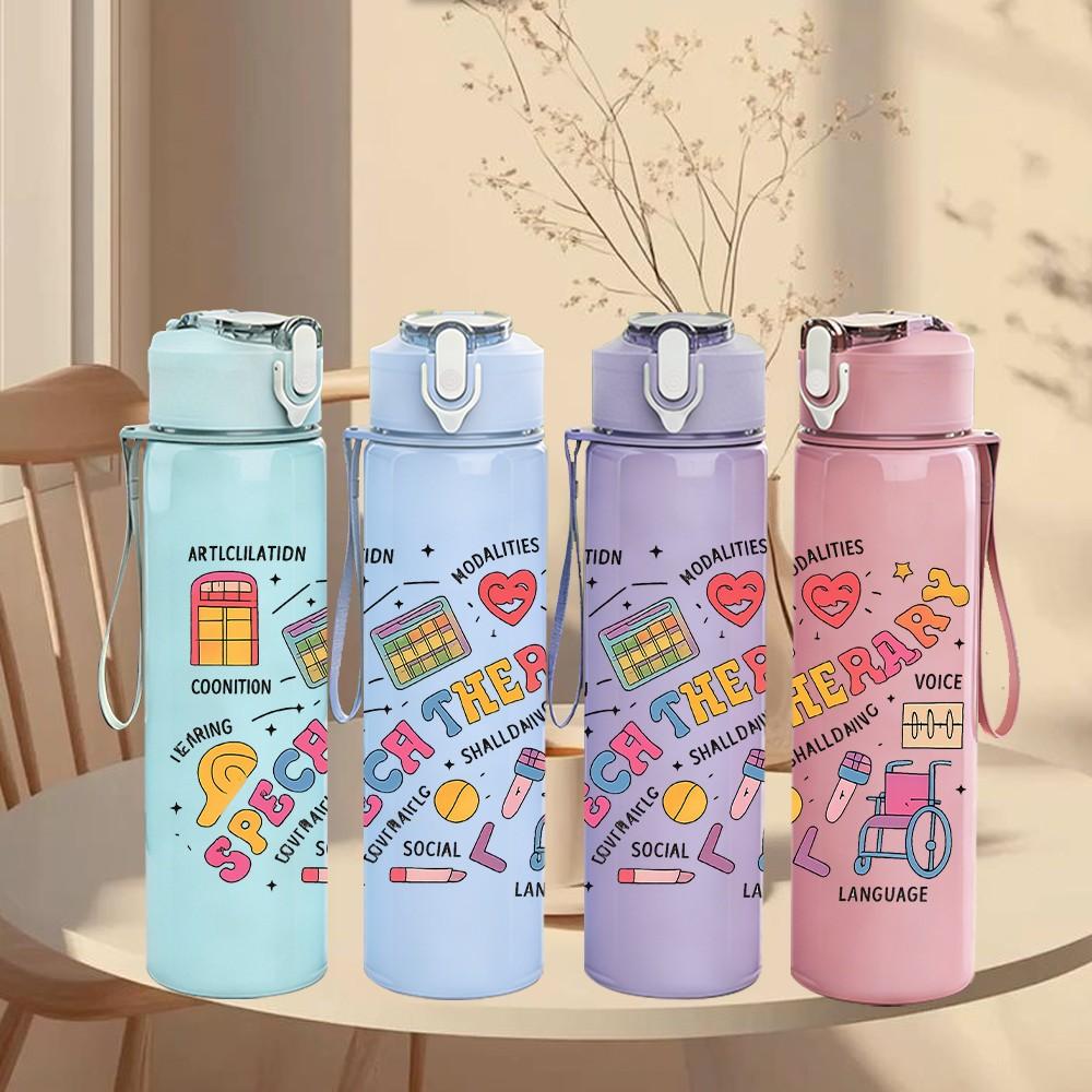 1PC Back To School Stationery Print 750ml Color Plastic Sports Water Bottle Leakproof Flip Straw Lid Suitable for Sports Office Home Use