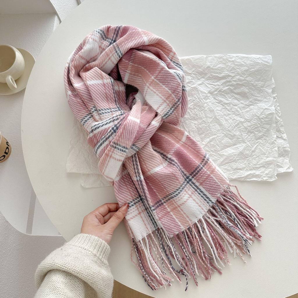 Autumn and Winter Atmosphere Pink Dotted Line Plaid Scarf Versatile Couple Milk Huhu Fringed Scarf Female Students Keep Warm