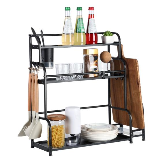 Standing Spice Rack, 3-Tier Kitchen Countertop Shelf with Stepped Design, Spice Rack Organizer and Hooks, Utensil Holder, Chopping Board Holder, Black