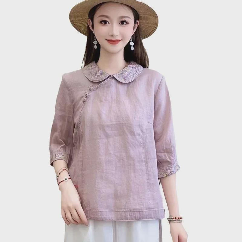 Women's Retro Folk Style Lapel Shirt with Oblique Collar and Chinese Button Design in Cotton-Linen