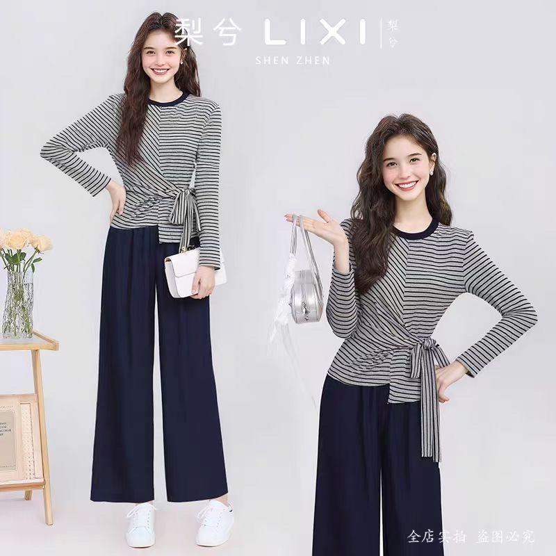 Autumn Korean Design Striped Lace-up Bow Contrast Color Long-sleeved T-shirt Is Versatile and Trendy