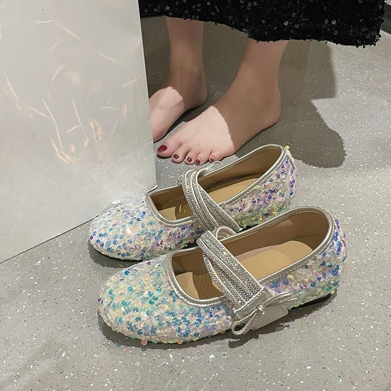 

Fashion Fall New Sequin Mary Jane Shoes Women s Fashion Round Toe Bow One Strap Soft Sole Non-slip Inside Heightening Single Shoes 35 серебряный