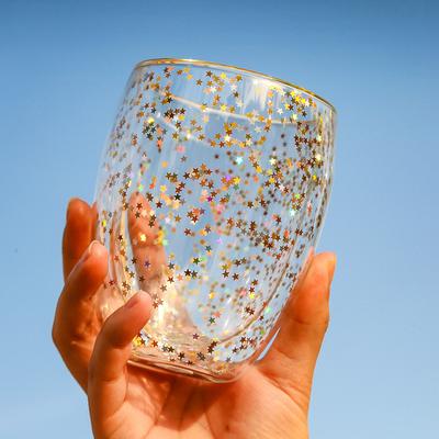 Taza creativa de estrella brillante, vaso de vidrio antiescaldado de doble capa, taza de regalo de Navidad, taza de jugo