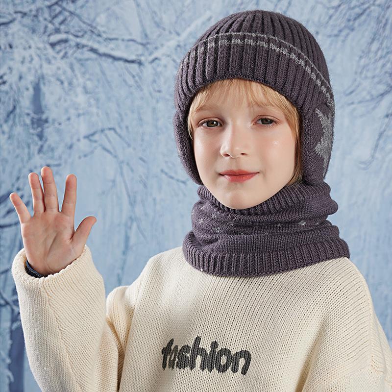Children's Hat Scarf Suit Winter Velvet Warm Ear Protection Coldproof Knitted Wool Cap Boys Girls Pullover Cap