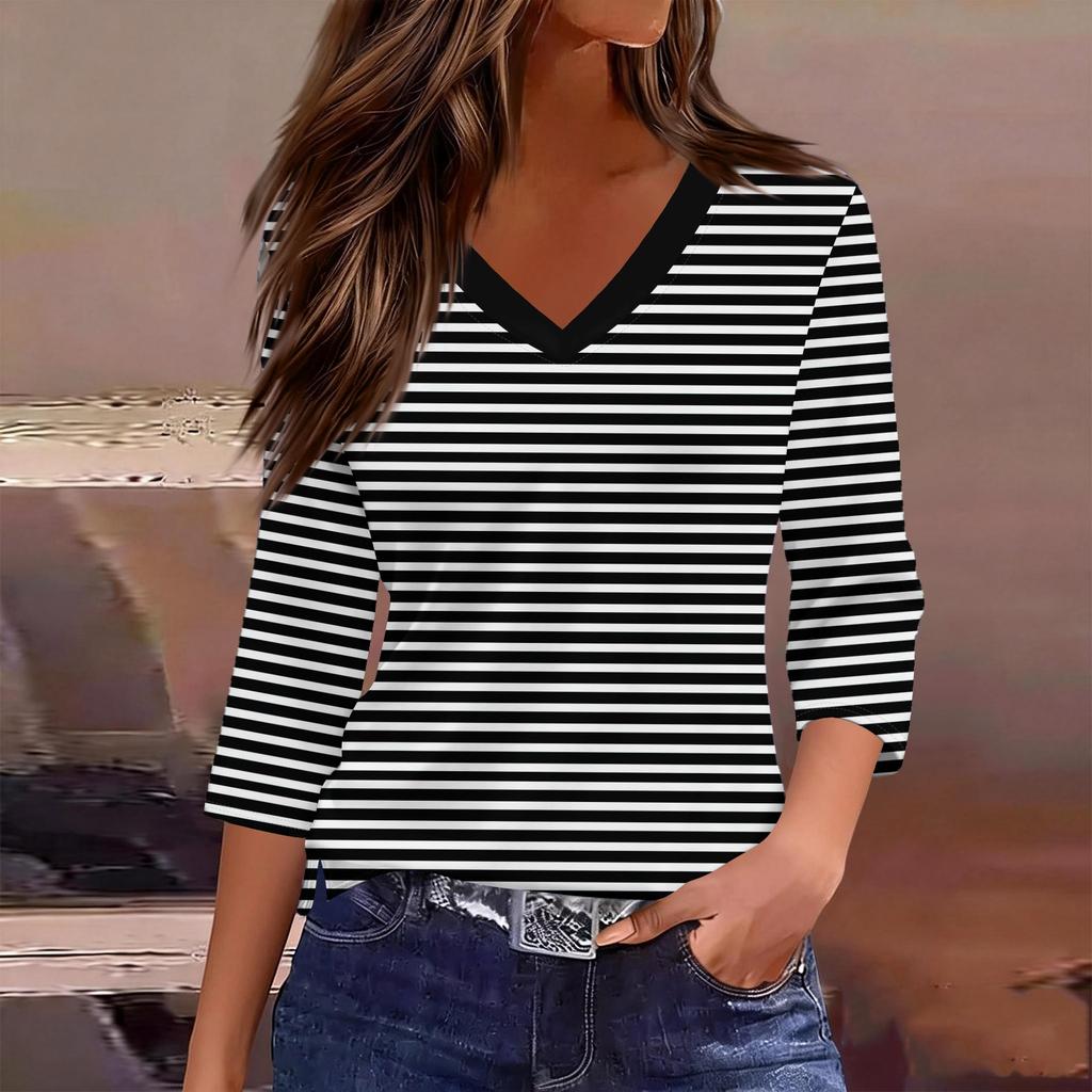 Women’s V Neck Striped Top Casual Three Quarter Sleeve Pullover Soft Knit Lightweight Tee Shirt for Daily Wear