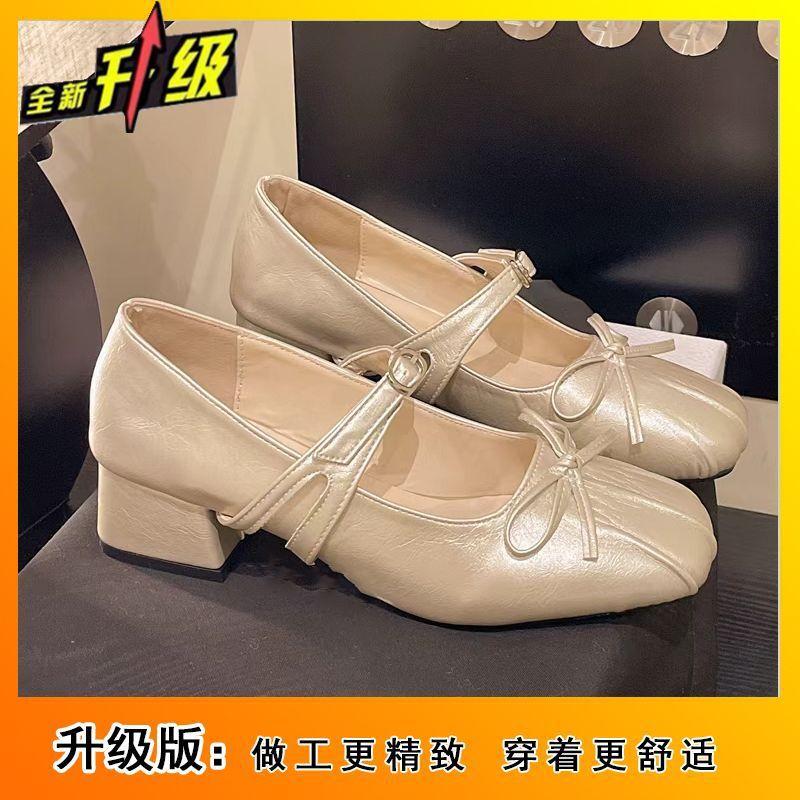Versatile light mouth thick heel single shoes women's French retro square head bow one-word buckle Mary Jane single shoes 2025 spring and summer