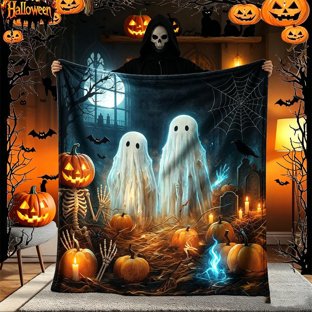 Themed Blanket Suitable for Haunted Houses, Parties & - Soft Flannel Bedspread/Throw with Ghosts, Pumpkins, Bats & Black Cats Patterns - All- Cozy Bed