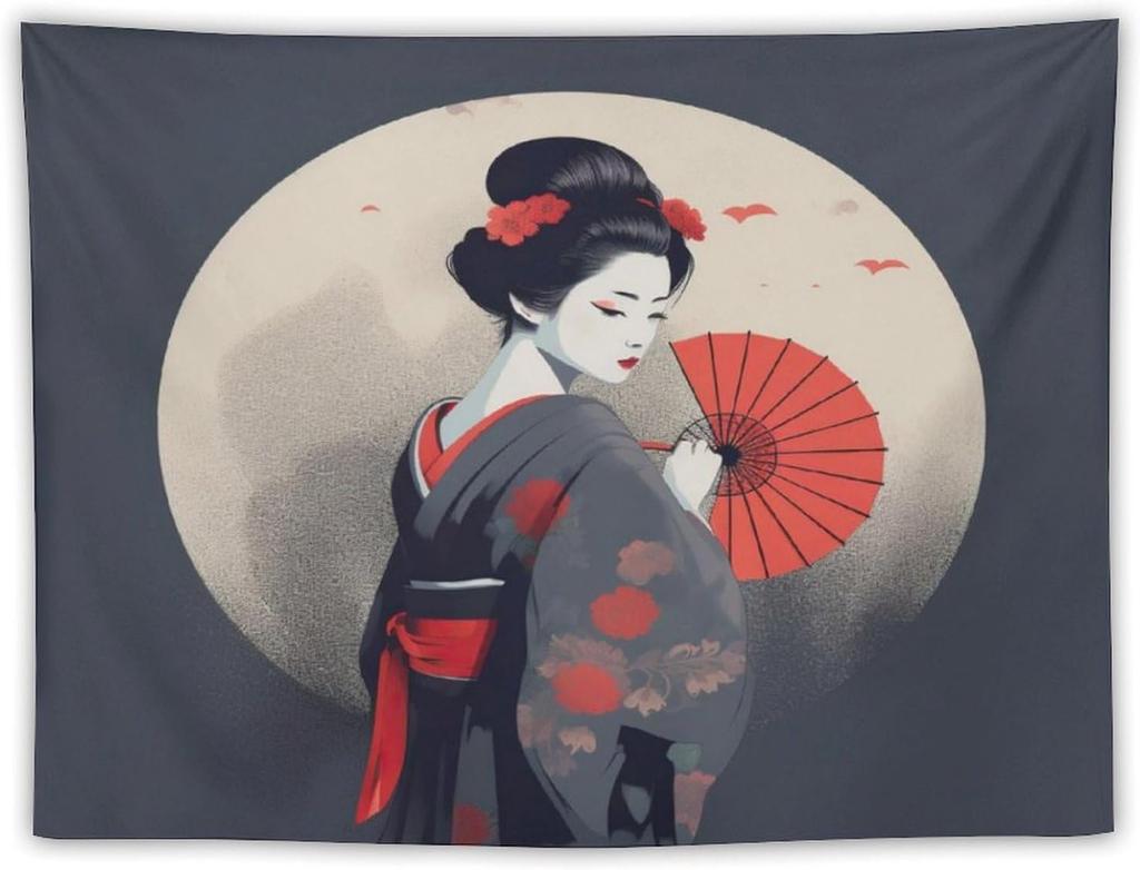 Japanese Red Geisha Tapestry Asian Cherry Blossom Traditional Kimono Folk Tapestries Home Decor Living Room Bedroom Apartment
