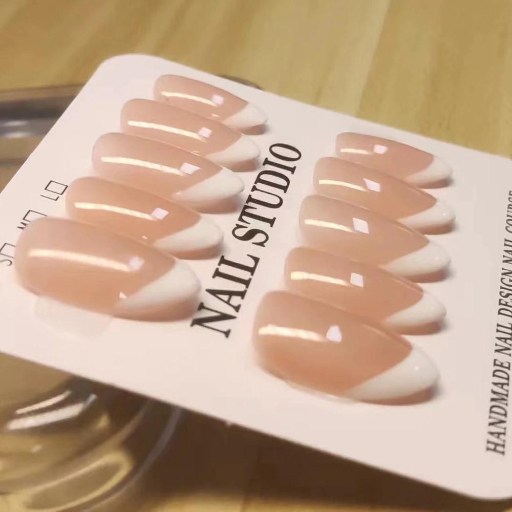 100% HANDMADE Short Almond Shape Nude French Tip Artificial Press On Nails Ultimate Minimalist Fake Nails Set With Glue Reusable And Removable