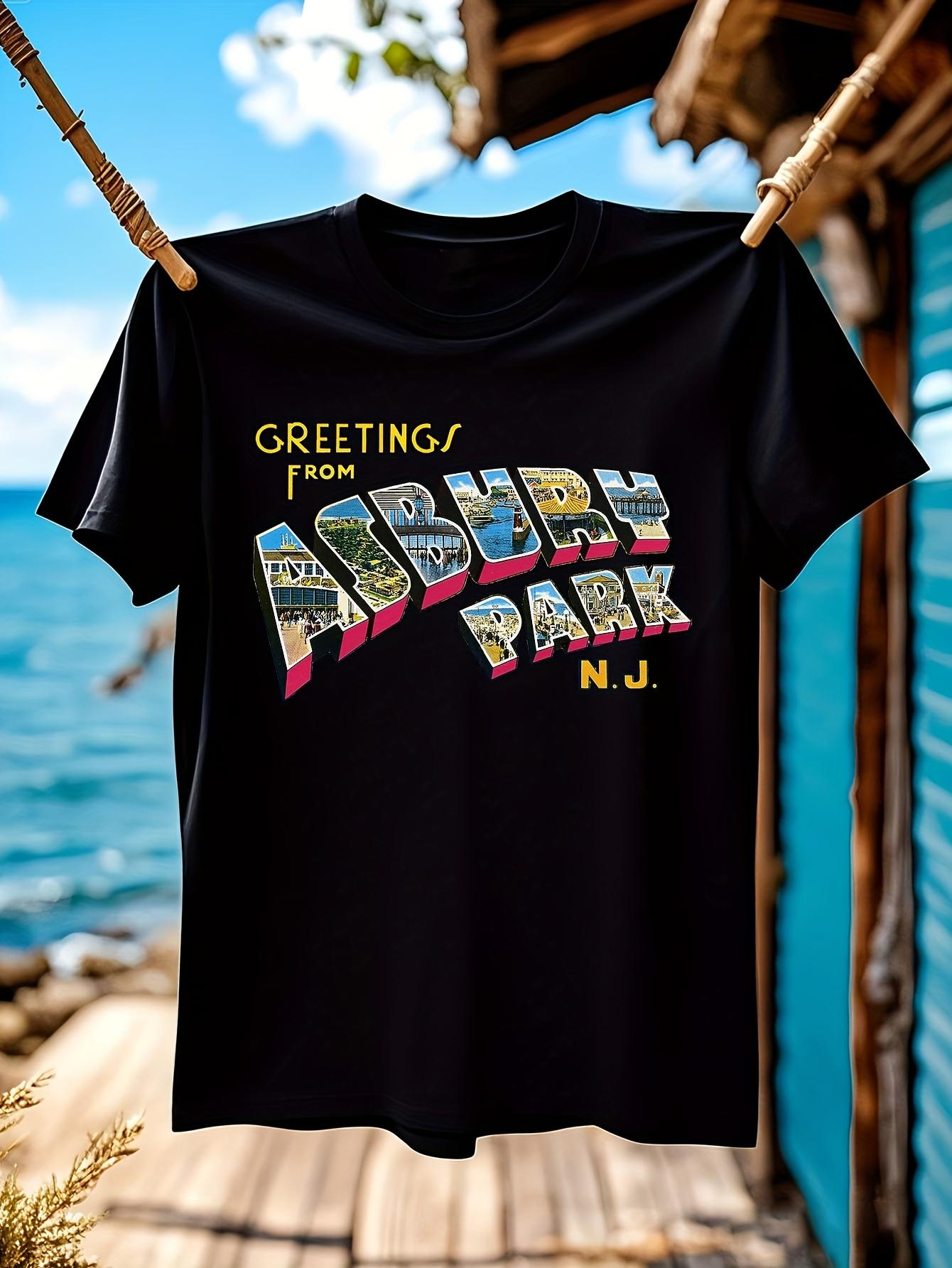 Greetings From Asbury Park NJ Retro Music Graphic T-shirt - Unisex Casual Tee with Vibrant Color Block Design S