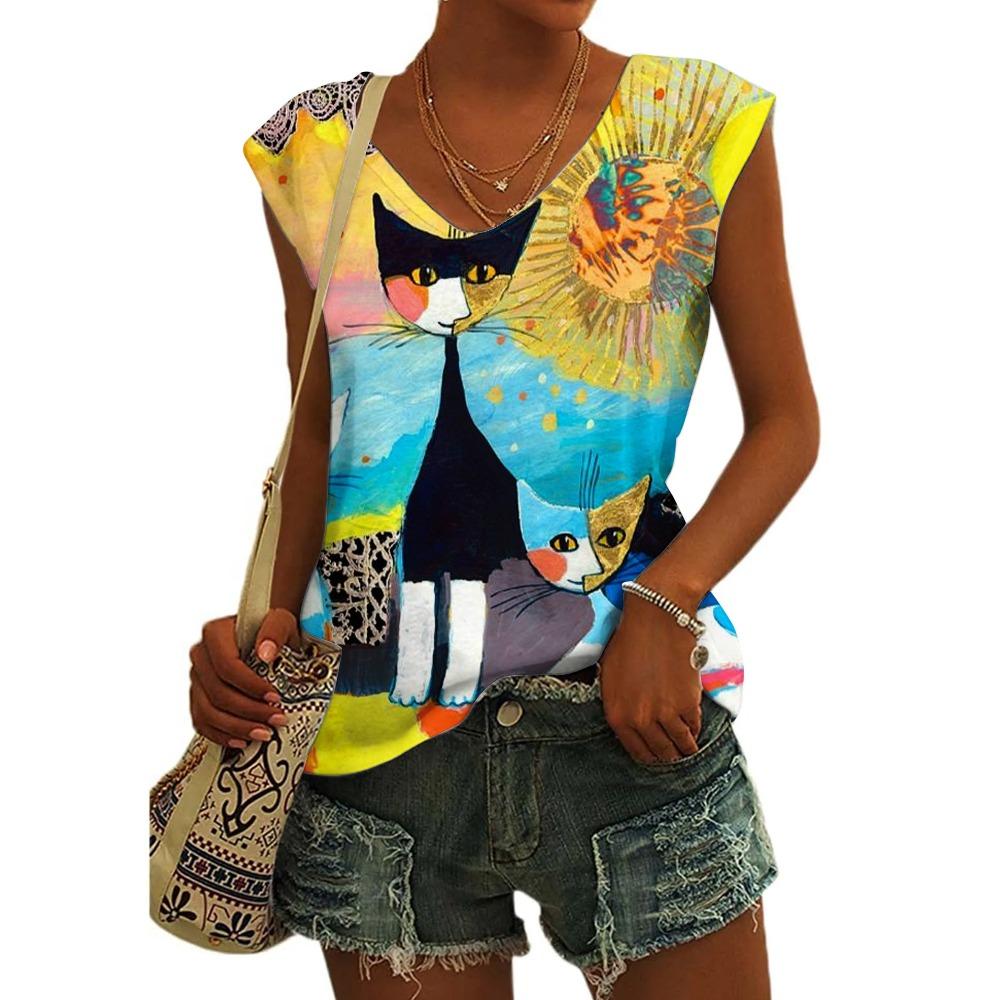 Women's Sleeveless T-shirts 3d Abstract Cat Print Vest Loose V-Neck T-shirts & Blouse Summer Breathable Basic Tops Tees