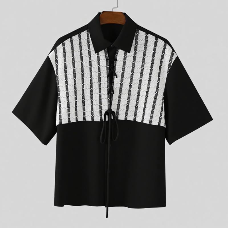 

INCERUN Men Lapel Neck Short Sleeve Striped Lace Patchwork Casual Oversized Shirts чёрный