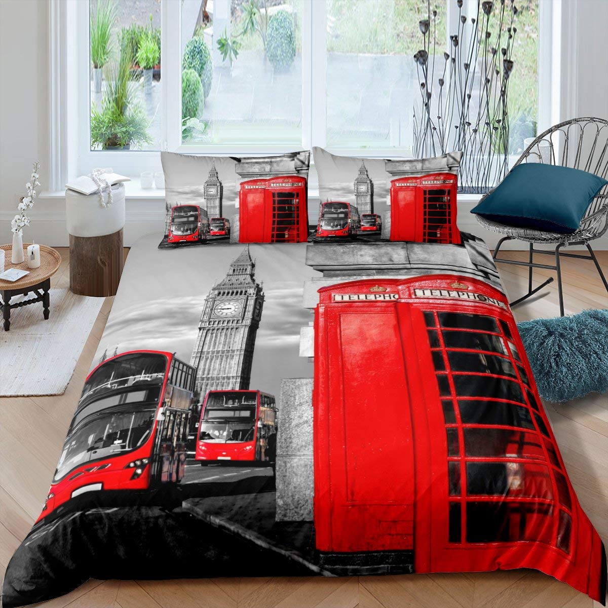 

Пододеяльник «Лондонская телефонная будка» King Queen Постельное белье «Биг Бен» Ретро Соединенное Королевство Покрывало для пододеяльника Красный Серый Покрывало AU Double(180x210cm)