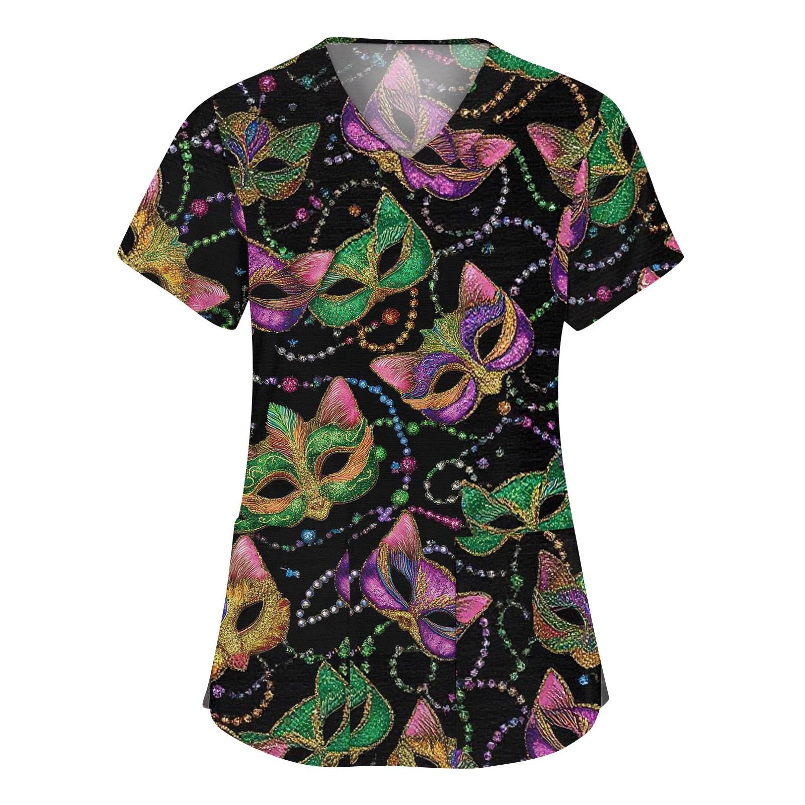 

Women s Fashion V-neck Short Sleeve Workwear With Pockets Printed Tops XXL