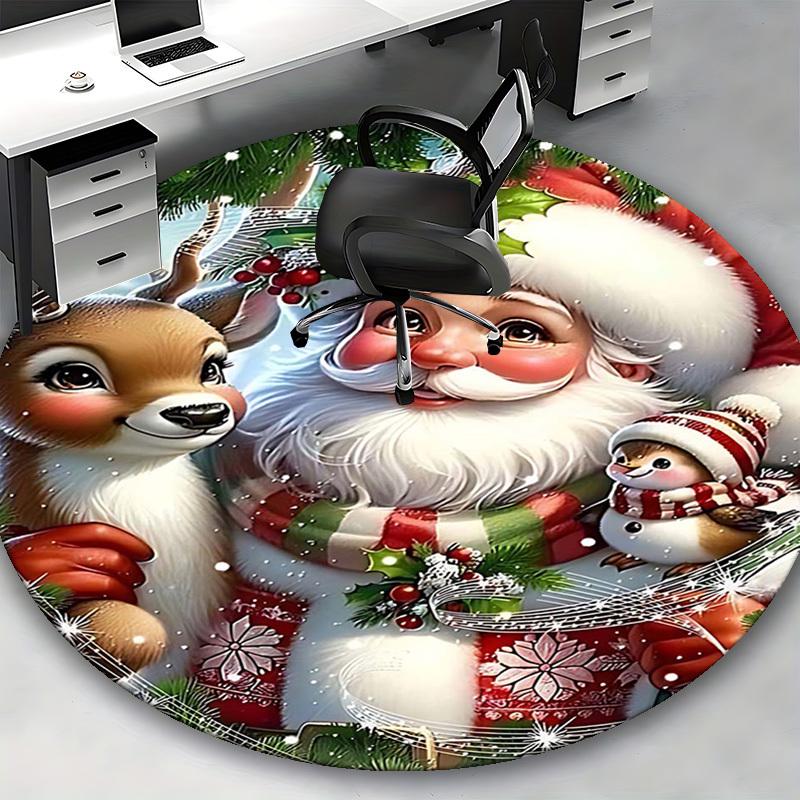 1pc Christmas Santa Claus Deer Snowman Round Carpet Anime Design, Holiday Gift, Office Chair Mat, Non Slip Rug, Office, Living Room, Bedroom