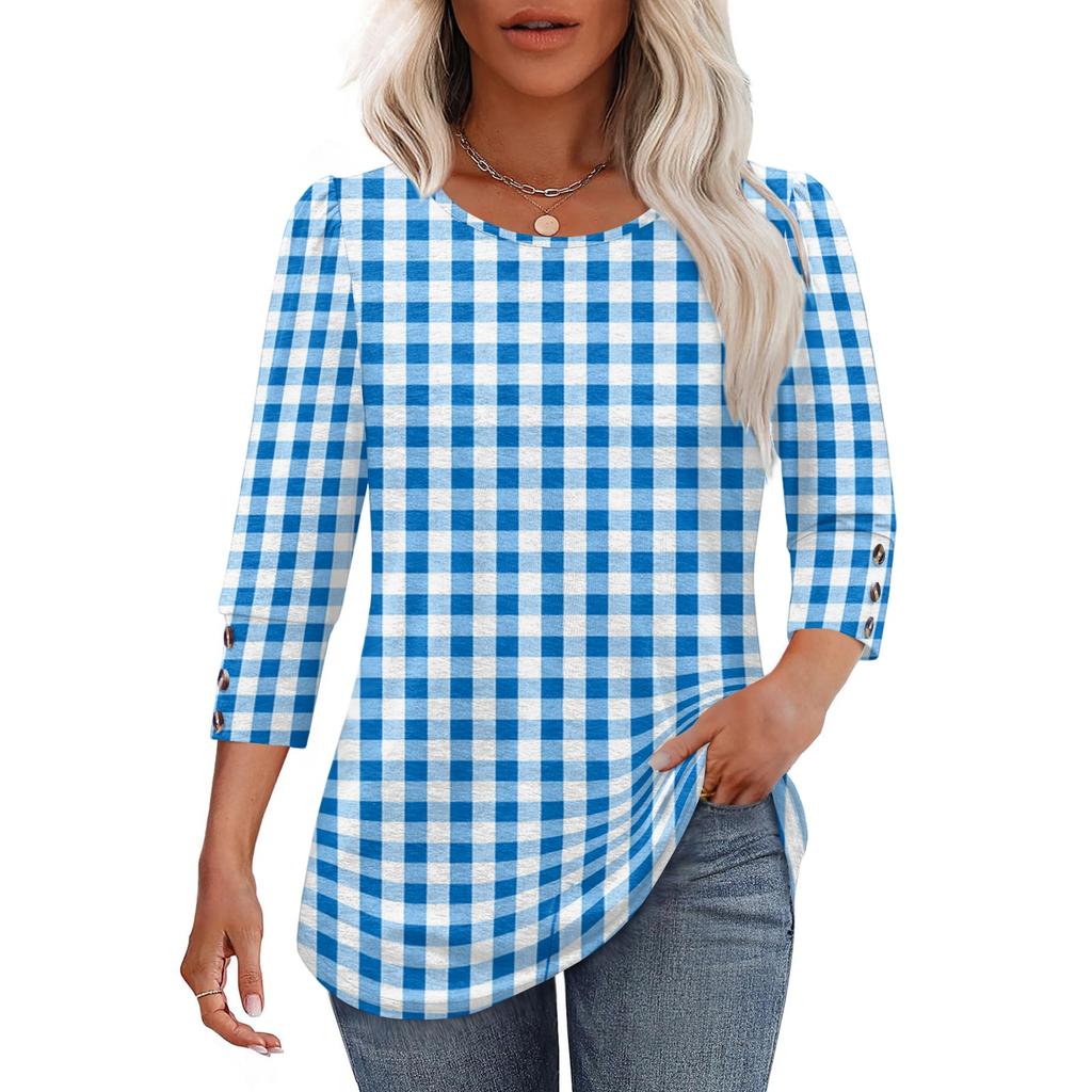 Women Casual Loose Fit Round Neck Three Quarter Sleeve Striped Blouse Button Detail Lightweight Top for Everyday Wear