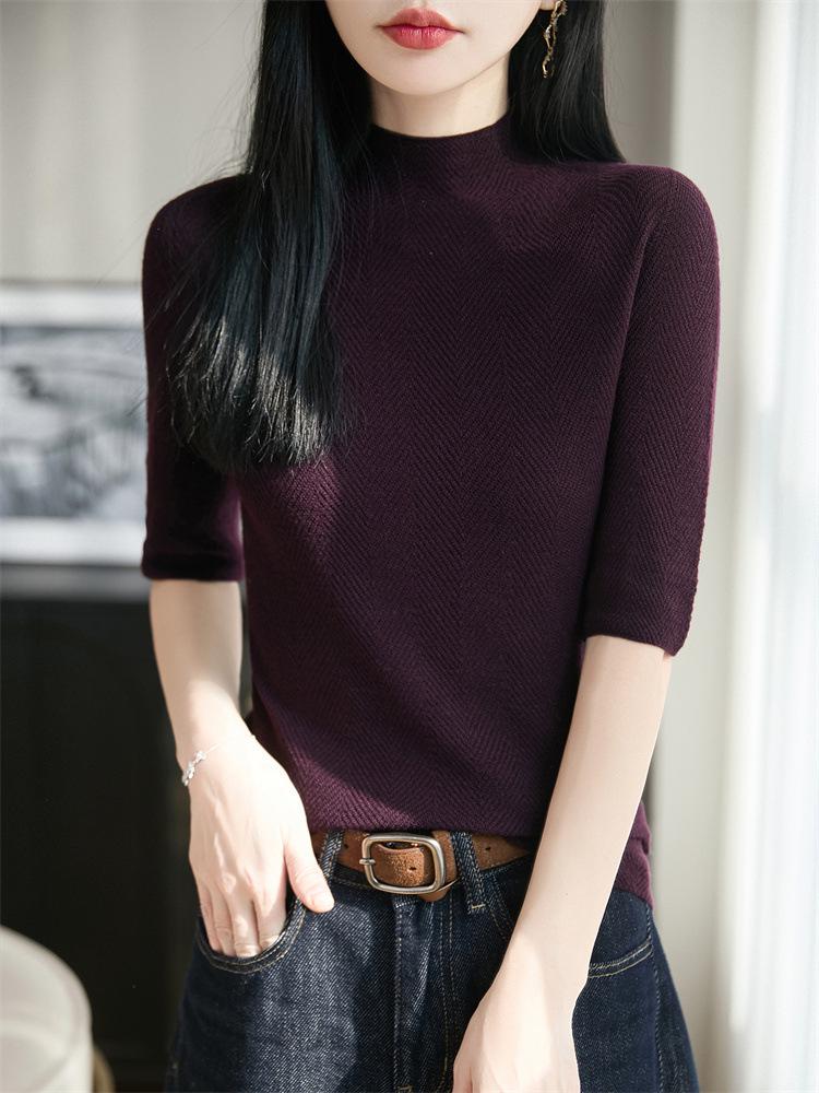 Yangzi 100% Wool Half-High Neck Knit Top, Women's Five-Point Sleeve Sweater - Early Autumn 2026