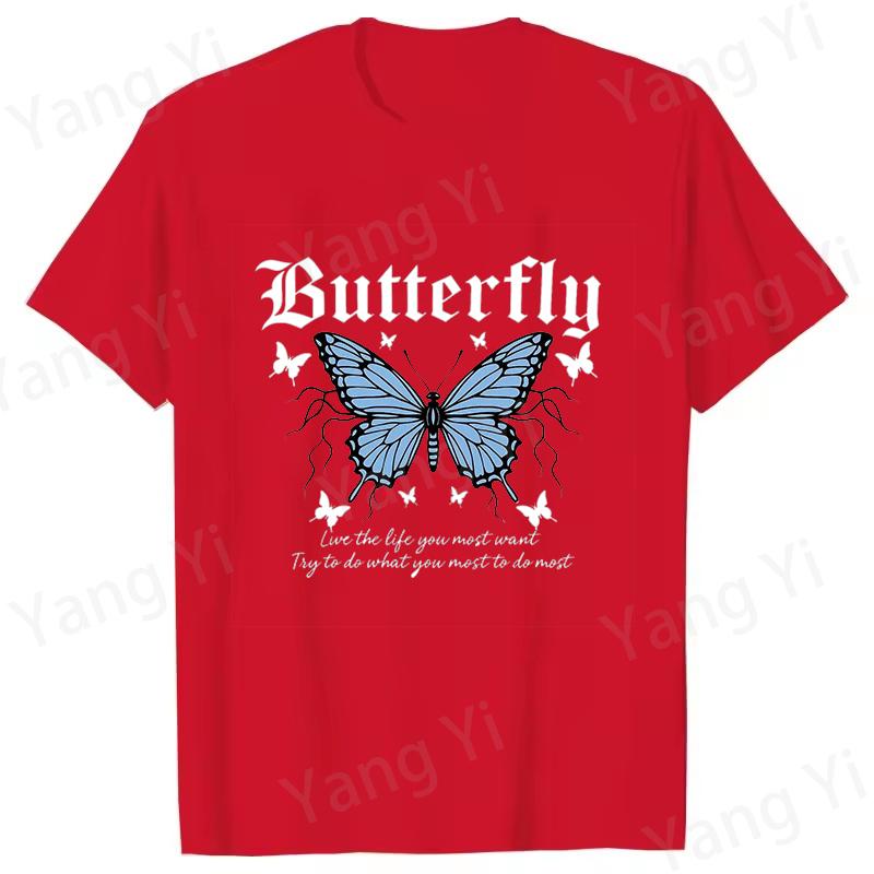 Blue Butterfly Print and Inspirational Slogan Print Tshirt Unisex Women Fashion Round Neck Loose Tee Shirt Streetwear Tshirt Tees S
