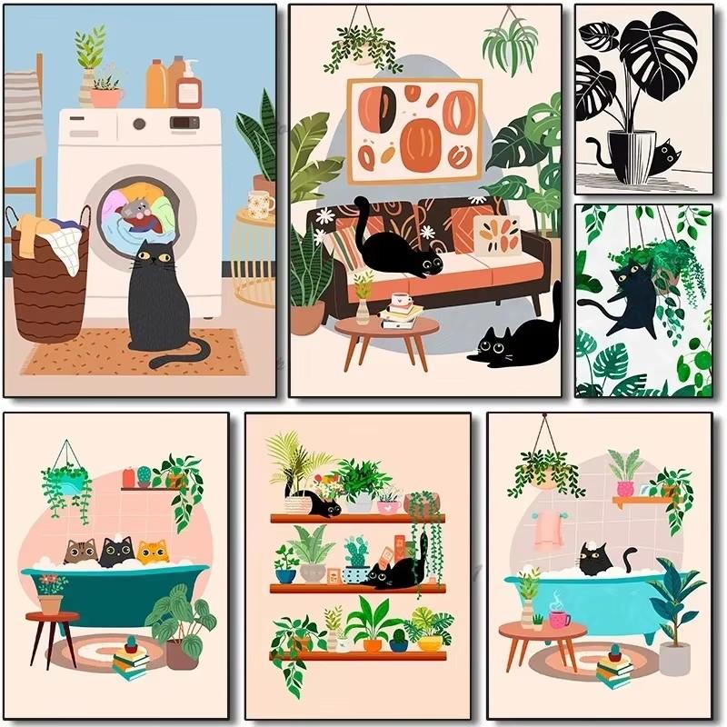 Watercolor Cute Kittens Potted Plant Canvas Print Cartoon Green Plants Animals Wall Art Postes for Modern Living Room Home Decor