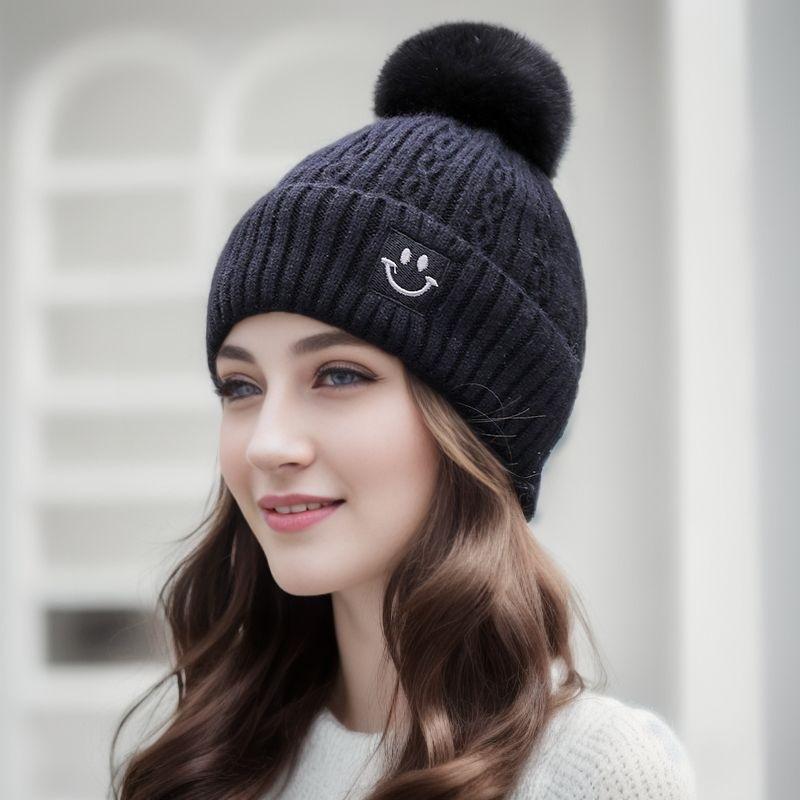 

Autumn and Winter Hat Women s New Fashion Fur Ball Smiley Face Knitted Hat Plus Velvet Thickened Pullover Hat Cold Proof and Warm Woolen Hat