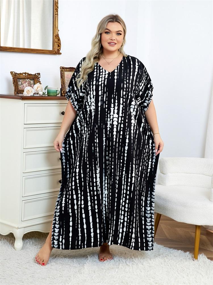EDOLYNSA 2024 Casual V Neck Stripe Tie-Dye Loose Kaftan Women Summer Boho Printed Plus Size Beach Dress Vacation Swimsuit Cover Up Q1218