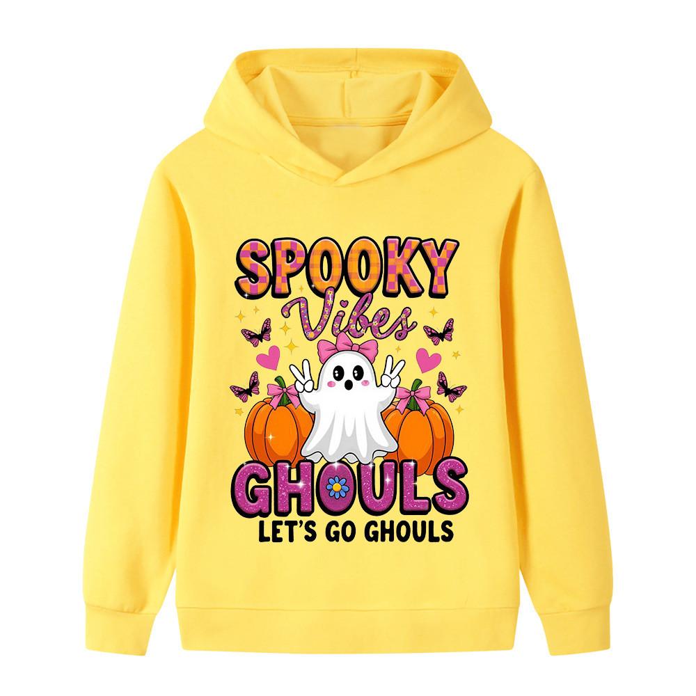 Warm Children Hooded Pullover, Lovely Ghost Pumpkin And Colorful Halloween Text Graphic, Autumn Winter Long Sleeve Sweatshirt For Kids Casual Outfit