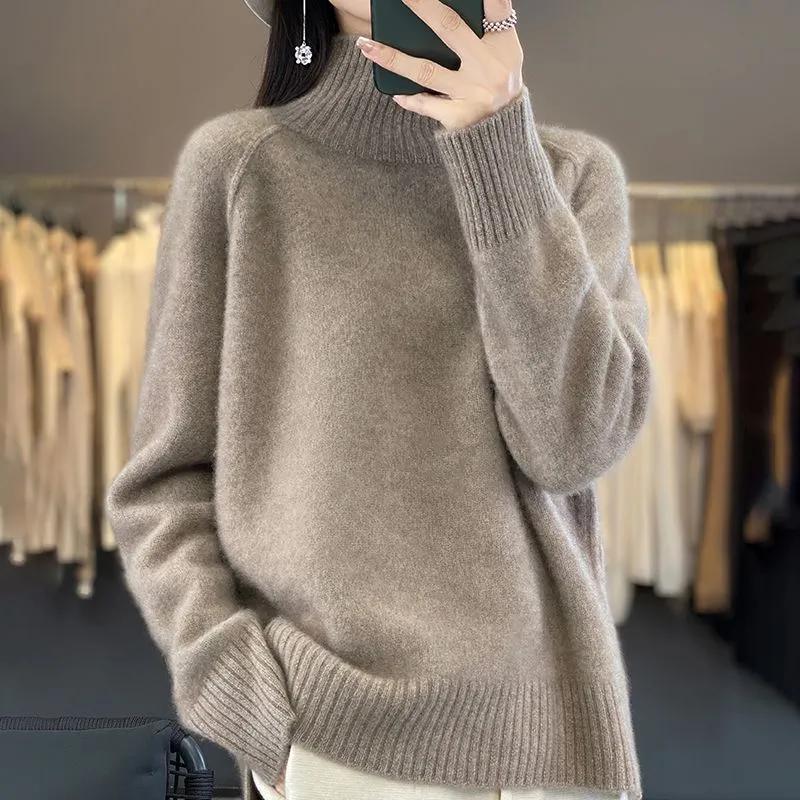 Autumn and Winter  Women's High-Necked Cashmere Sweater Soft Thickened Lazy Raglan Sweater with Slit  Pullover Loose Top