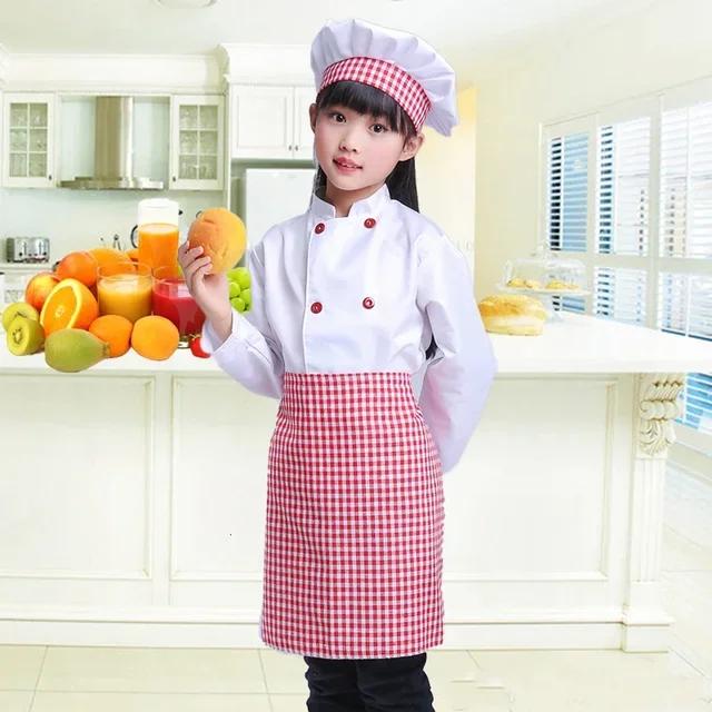 Veste de Chef Cosplay Pantalon à Carreaux Uniforme de Cuisinier pour Enfants Service Alimentaire Costumes de Performance Halloween Carnaval pour Enfants Filles XXXL 160cm