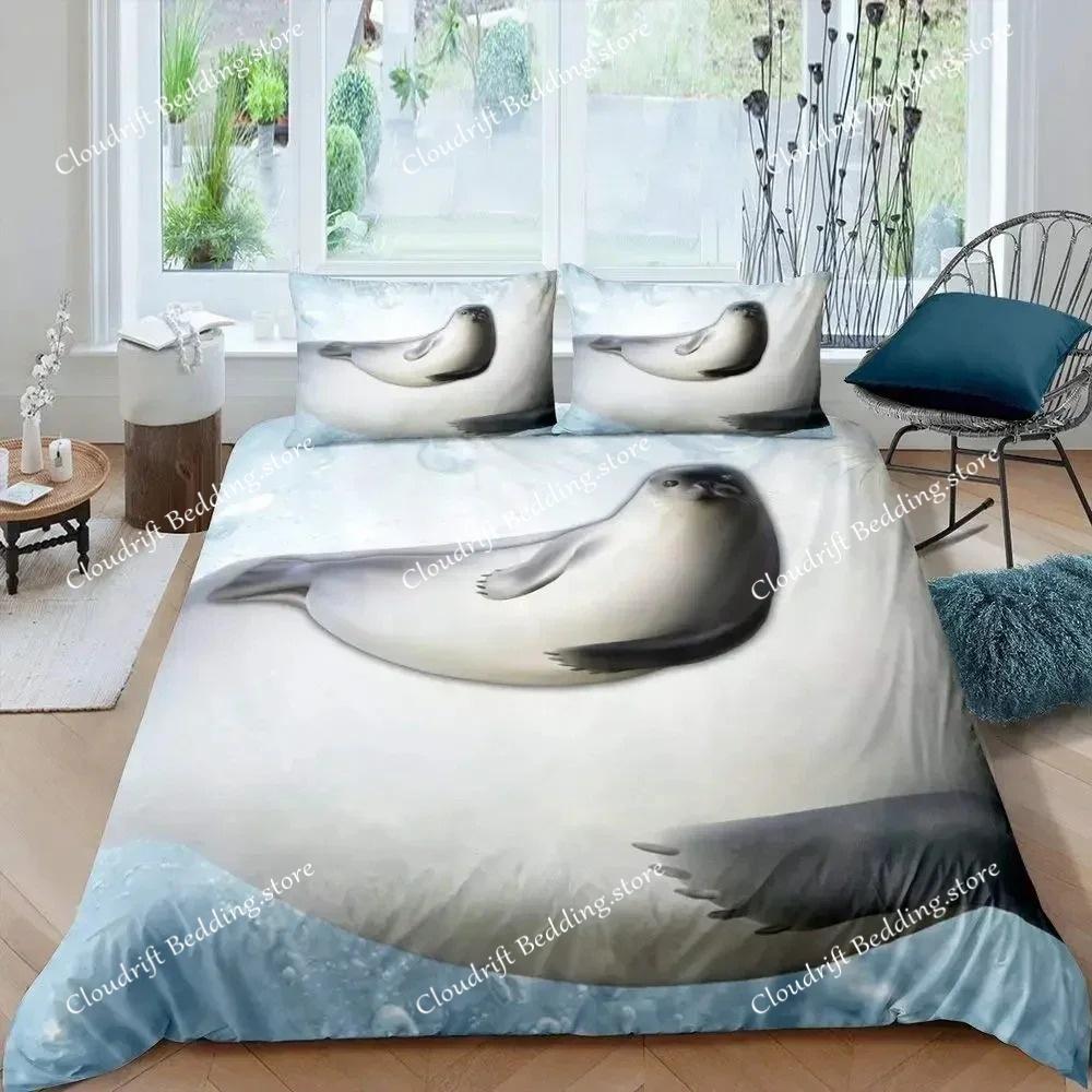 Siegel Bettbezug King Size Schönes schwimmendes Siegel Bettwäsche-Set Niedlicher Ozean Exotischer Stil Meeresleben Polyester Deckenbezug