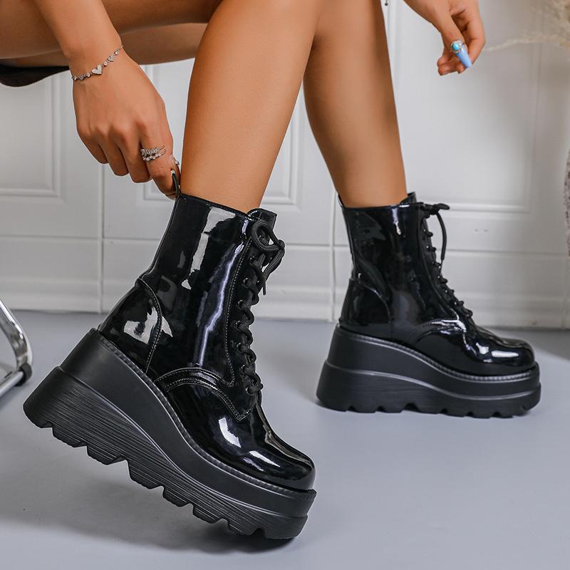 Punk Style Chunky Platform Ankle Boots Women Fashion Patent Leather Wedge Heel Combat Boots Woman Black Thick Sole Gothic Shoes