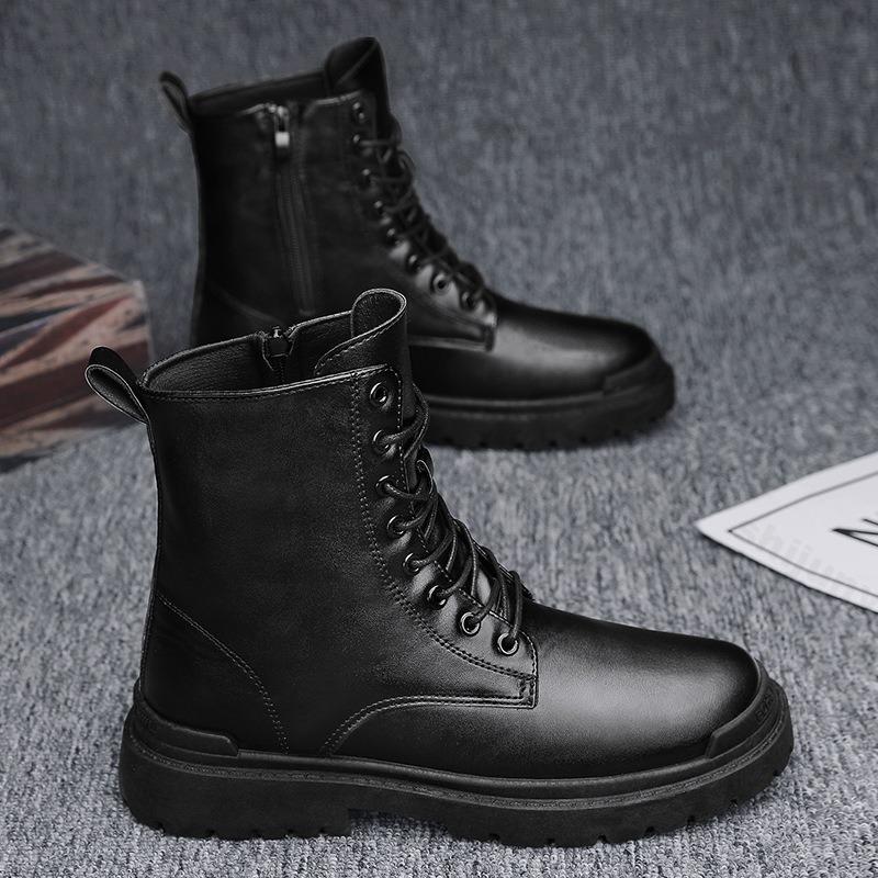 Fashion Men Black Leather Boots New British Style High Top Fashion Work Boots Outdoor Street Fashion Chelsea Men Shoes Comfortable Short