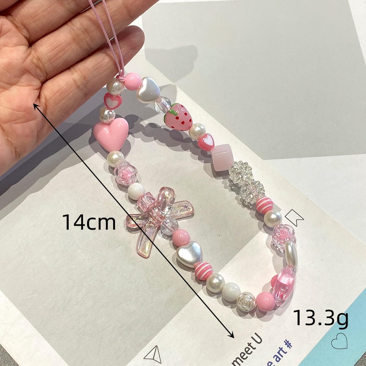Pink Beaded Phone Lanyard for Women - Heart, Strawberry, & Bow Chain with Pendant Pink Strawberry